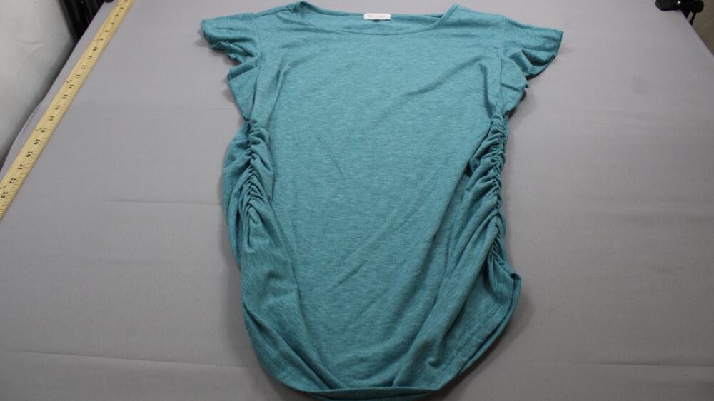 Bhome Womens Maternity Top Shirt Large Green Ruched Sides Ruffle Short Sleeve